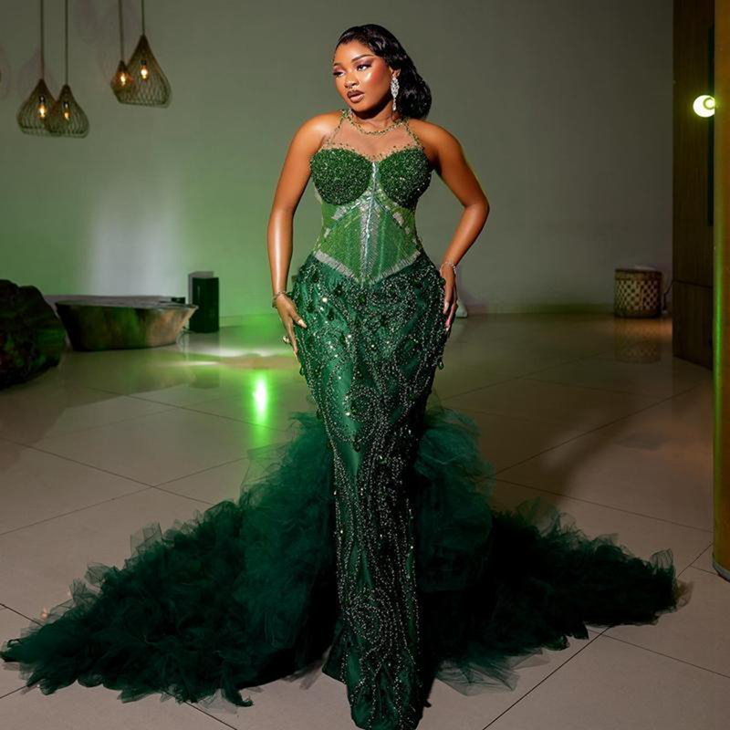 2025 Urious Green Prom Detachable Train Mermaid Evening Dresses Formal Gowns For Women Illusion Crystals Beaded Lace Birthday Dress Reception Gown 666