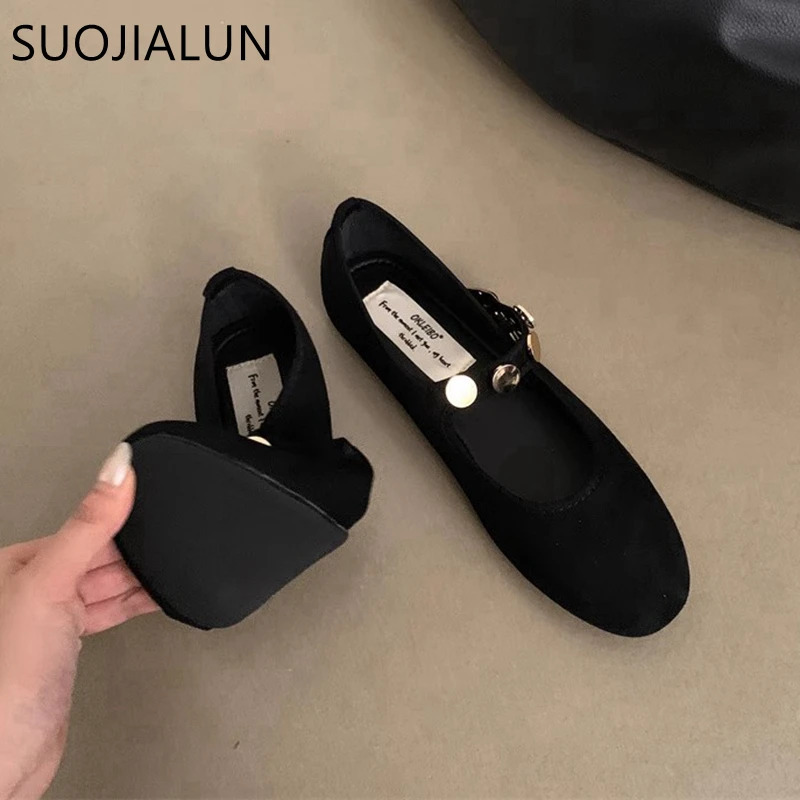 SUOJIALUN Autumn Women Round Toe Mary Jane Shoes Fashion Rivet Ladies Elegant Dress Flat Shoes Soft Flat Heel Ballerinas Sh 241014