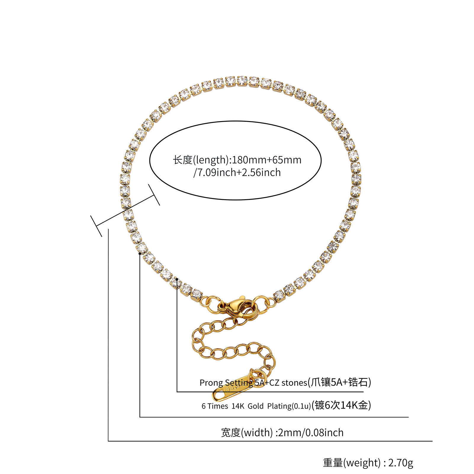 2MM Stainless Steel Prong Tennis Chain Bracelet 7 Inches 18k Gold Plated Hip Hop Sparkly Women Chains Bracelets Wrist Jewelry For Women Bijoux Gifts