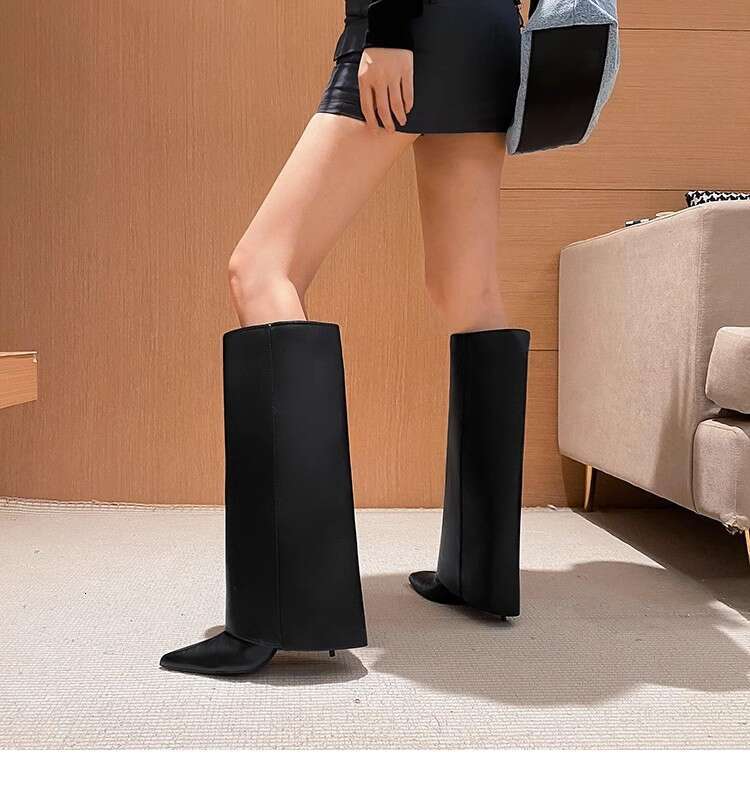 Autumn Winter Black Leather Knee High Ins Funky Slip On Trouser Boots Pointed Toe Kitten Heels Stretch Shoes Women