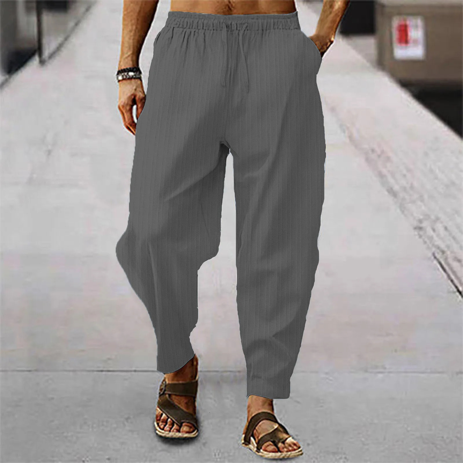 Summer cotton breathable comfort linen striped mens hip hop sweatpants Business casual pants S5XL 240930