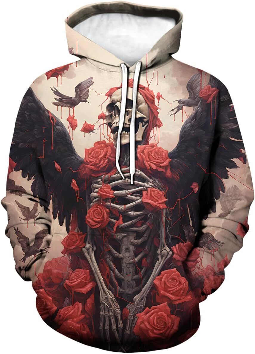 Hoodie for Mens Womens Vintage Demon Rose Skeleton 3D Printing Hoodies Hooded Psychedelic Floral Skull Hoodie Sweatshirts Graphic Trendy Fashion