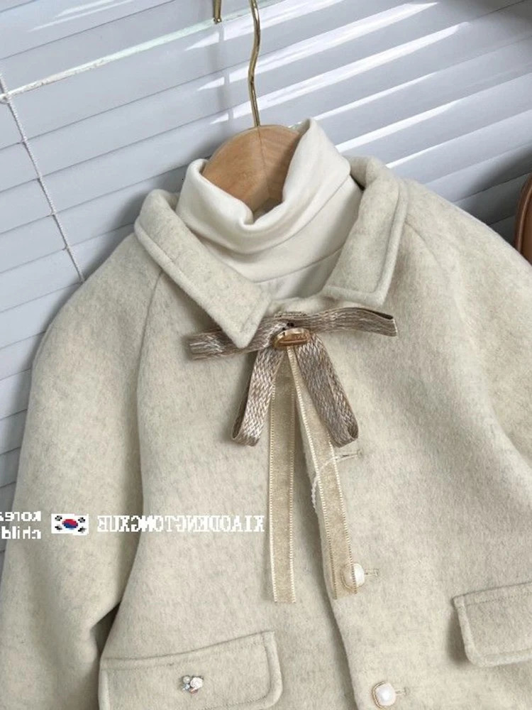Outerwear Girls Woolen Fabric Overcoat Winter Bow Knot Thickening Coat Baby Fashion Single Row Buckle Open Stitch 241014
