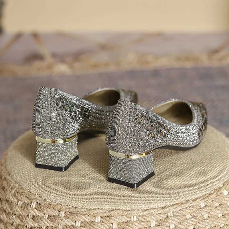 5cm Chunky High Heels Shoes Ladies Glitter Studded Pumps Women Crystal Pointed Toe Tacones Mujer Office Dress Escarpins FemmeLX241014