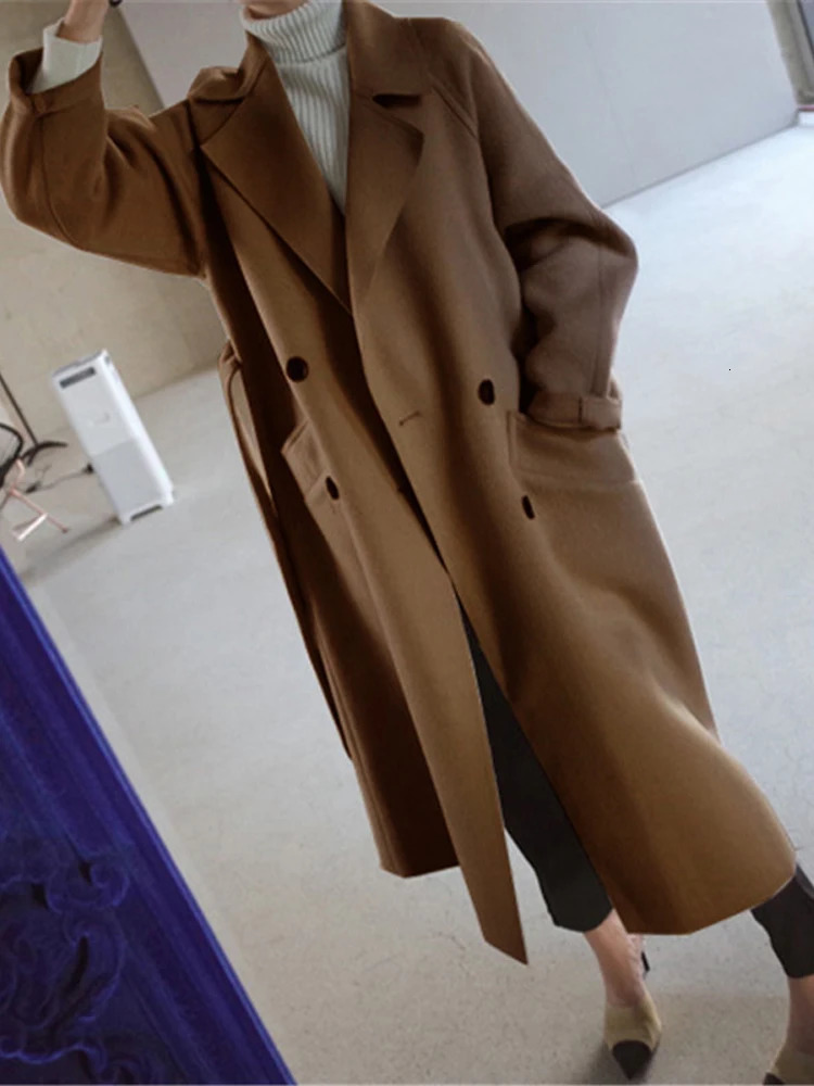 Wool blend coat womens autumn and winter retro long jacket womens Korean fashion elegant coat womens oversized loose collared coat 240930