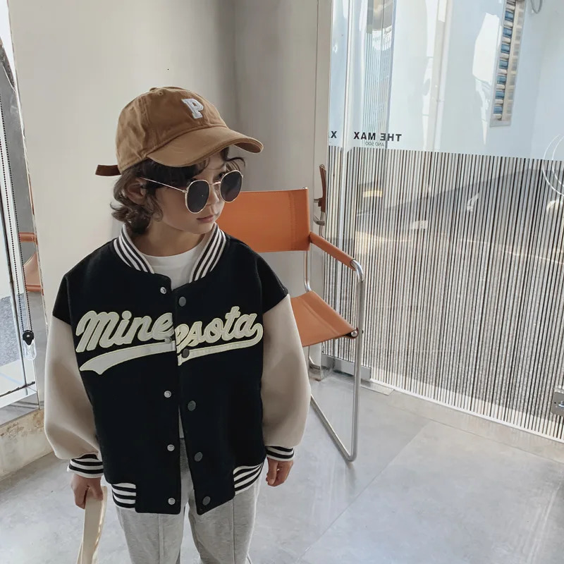 1509E Childrens Clothes Letter Jackets Spring Embroidered Stitching Boy Baseball Coat Baby Girl Single-breasted Coat 241011