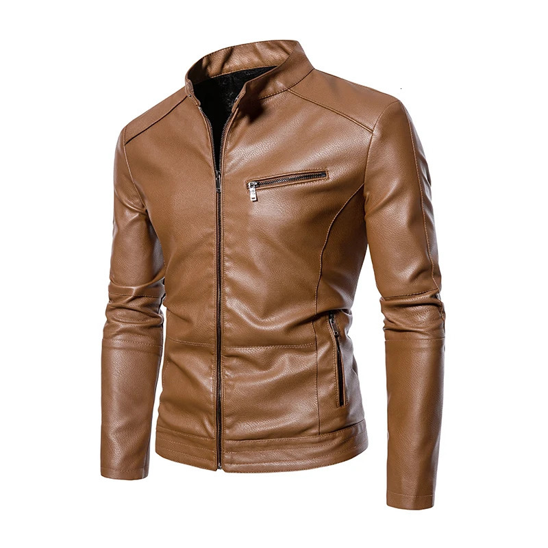 PU Casual Leather Jacket Men Fleece Motorcycle Biker Slim Fit Outerwear Men Solid Stand Collar Leather Jackets 241007