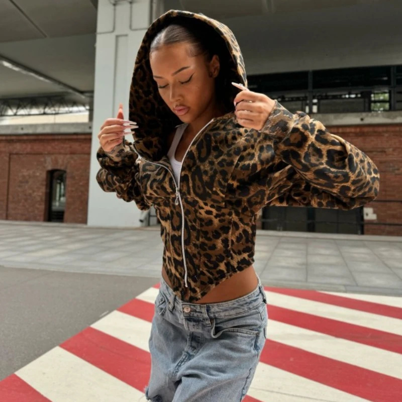DEEPTOWN Y2k Leopard Print Hoodie Vintage Streetwear Irregular Slim Sexy Cheetah Zipper Hooded Sweatshirt Autumn 241009
