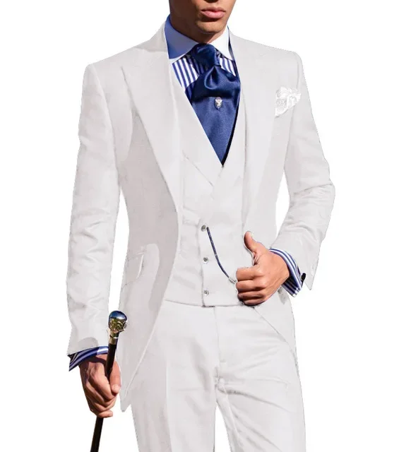 Business Suits for Men Slim Fit Long Jacket with Double Breasted Vest Custom Groom Tuxedo Wedding 3 Pcs Italian Style Tail Coat