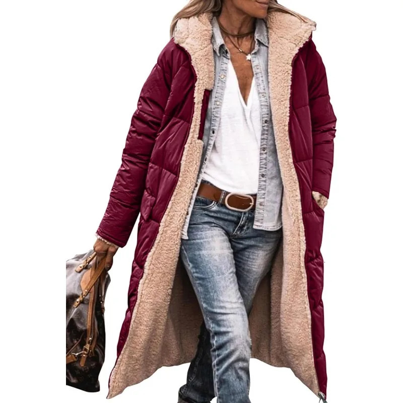 Womens 2023 Warm Winter Coats Reversible Sherpa Fleece Long Hooded Puffer Jackets Outerwear 241009