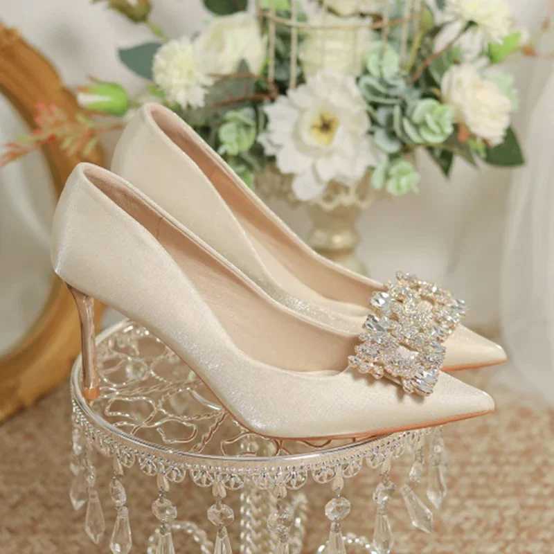 Womens Crystal Square Buckle High Heels Pumps 2024 Elegant Silk Thin Heeled Wedding Shoes Woman Slip On Pointed Toe Dress ShoesLX241014