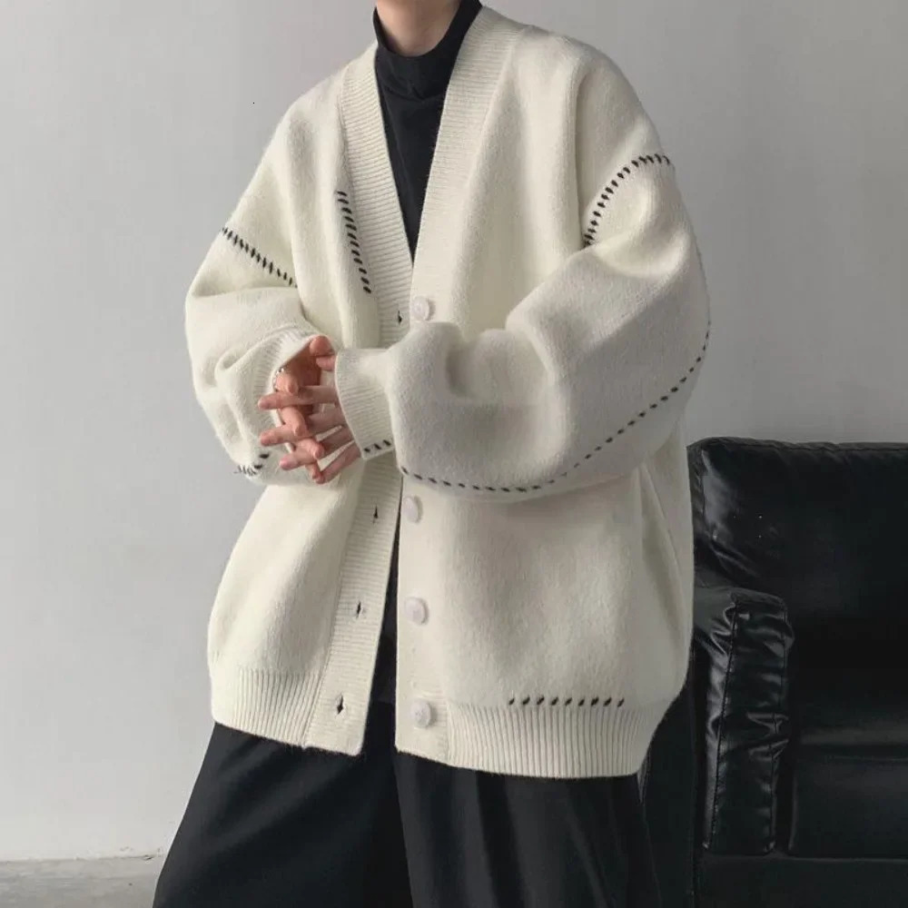 Sweater coat mens loose retro slouchy sweater autumnwinter thick hipster couple cardigan Vneck knit 241011
