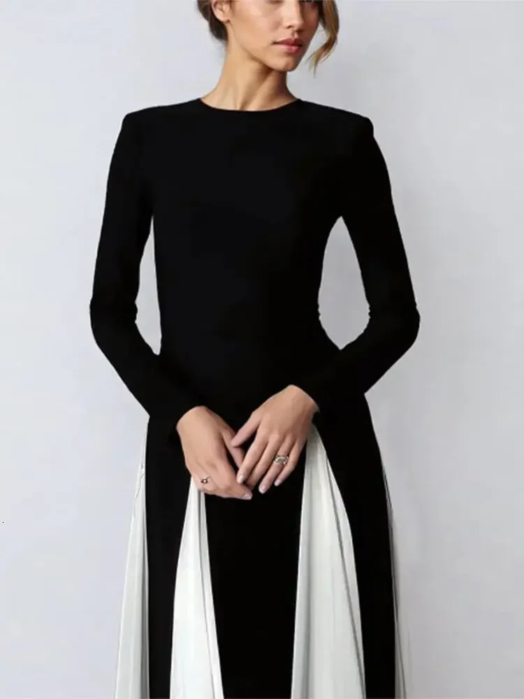 Elegant Black White Patchwork Maxi Dresse Fashion Oneck Long Sleeves Slim Dress Female Evening Party Robes 241009