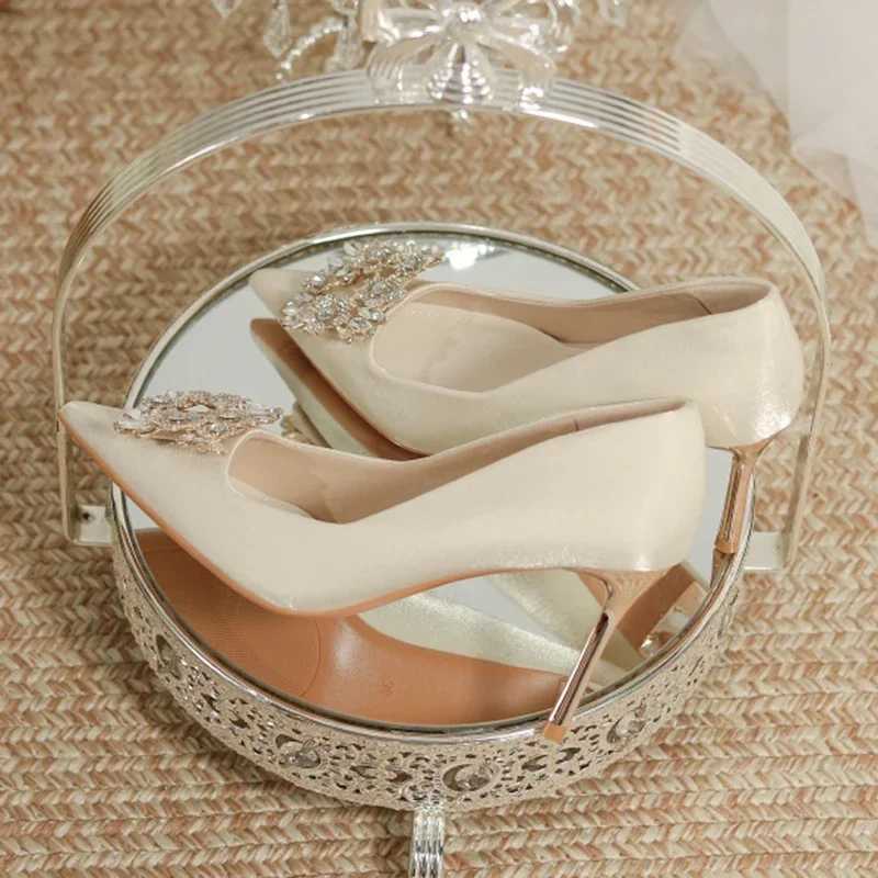 Womens Crystal Square Buckle High Heels Pumps 2024 Elegant Silk Thin Heeled Wedding Shoes Woman Slip On Pointed Toe Dress ShoesLX241014