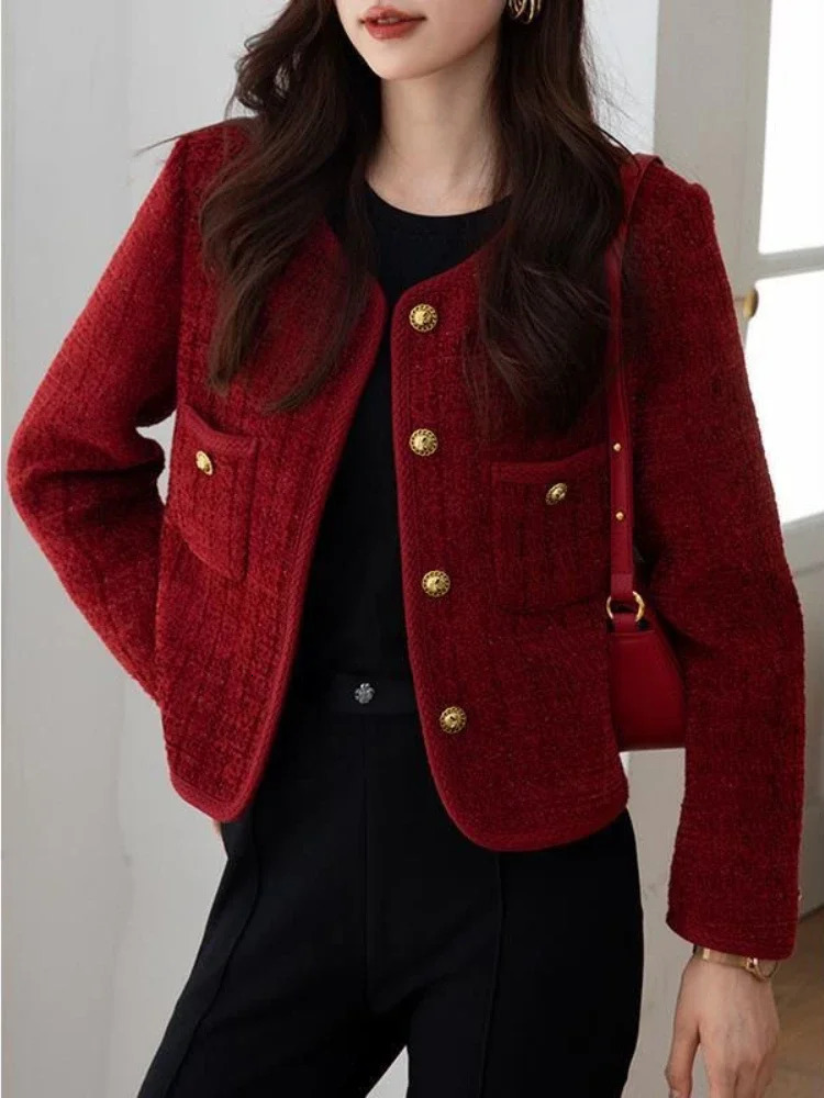 Wine Red Womens Jacket Autumn/Winter Metal Buckle Short Womens Jacket Korean Fashion Ultra Thin Elegant Coarse Linen Jacket 240930