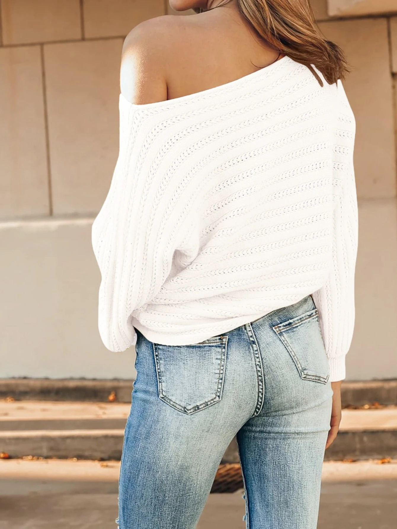 Hollow-out womens top solid color line shoulder sexy off-the-shoulder long sleeve loose sweater 241010