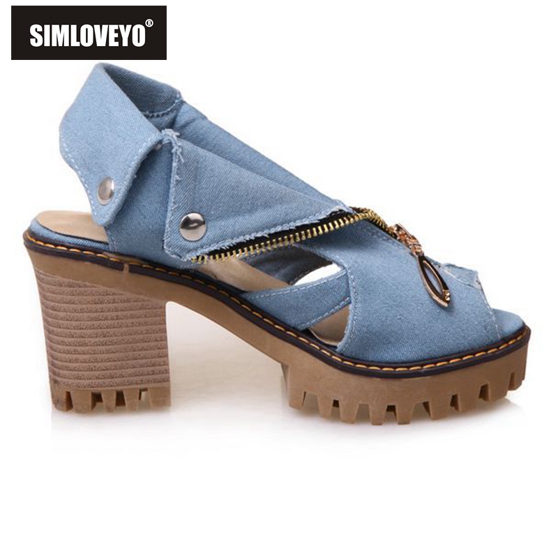 Women's High Heel Denim Sandals with Peep Toe and Zipper Closure Non Slip Sole Comfortable Large Size Summer Shoes QL1139