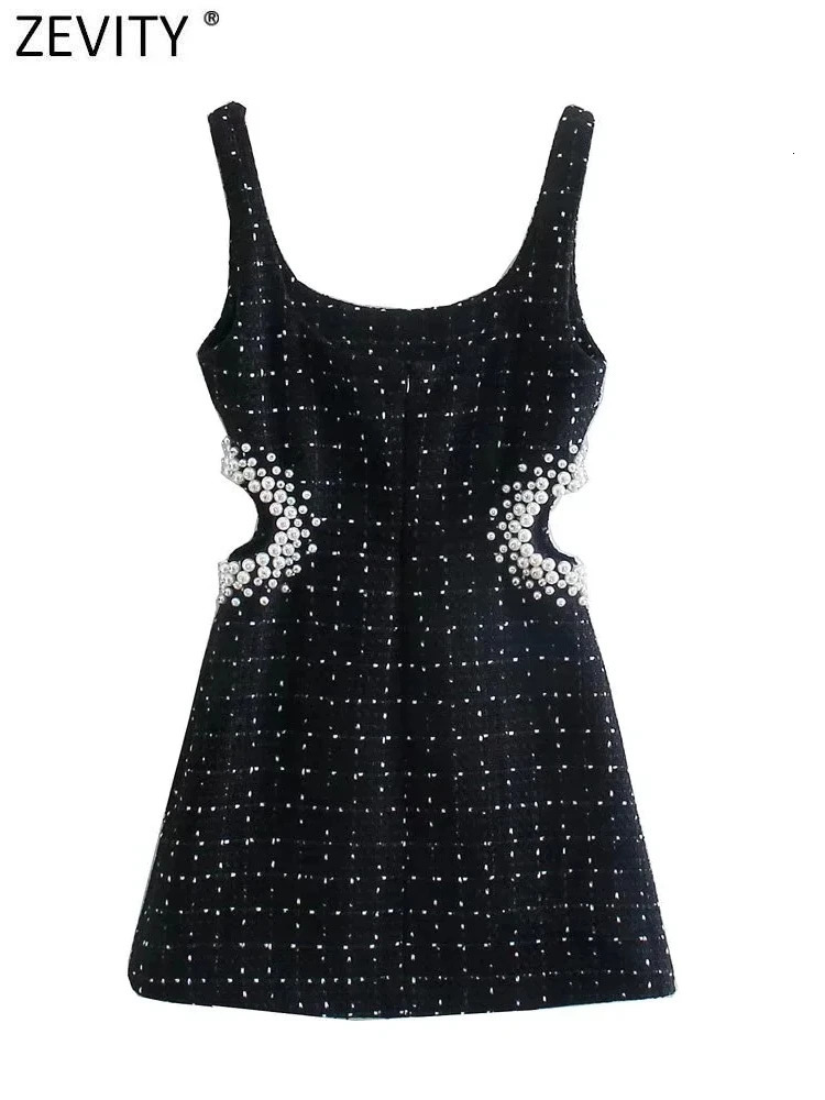 Zevity Women Sexy Waist Hollow Out Pearl Appliques Tweed Woolen Slim Mini Dress Female Chic Back Zipper Sling Vestidos DS2148 241011
