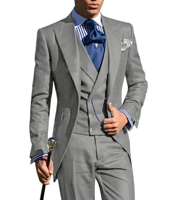 Business Suits for Men Slim Fit Long Jacket with Double Breasted Vest Custom Groom Tuxedo Wedding 3 Pcs Italian Style Tail Coat