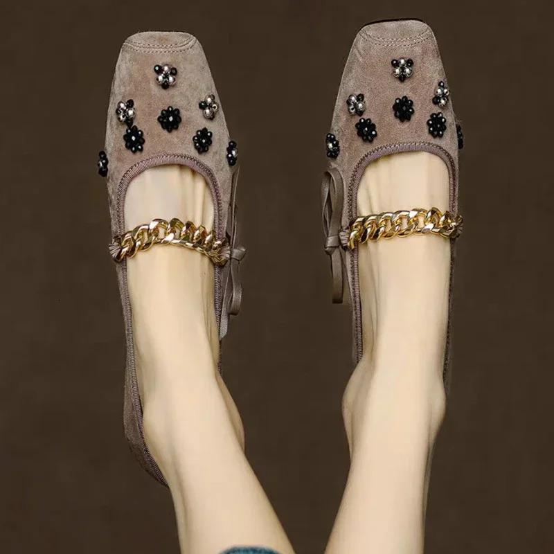 for Women Slip-on New Butterfly-knot Womens Autumn Sweet Mary Jane Flats Square Toe Chain Decoration Ladies Shoes 241014
