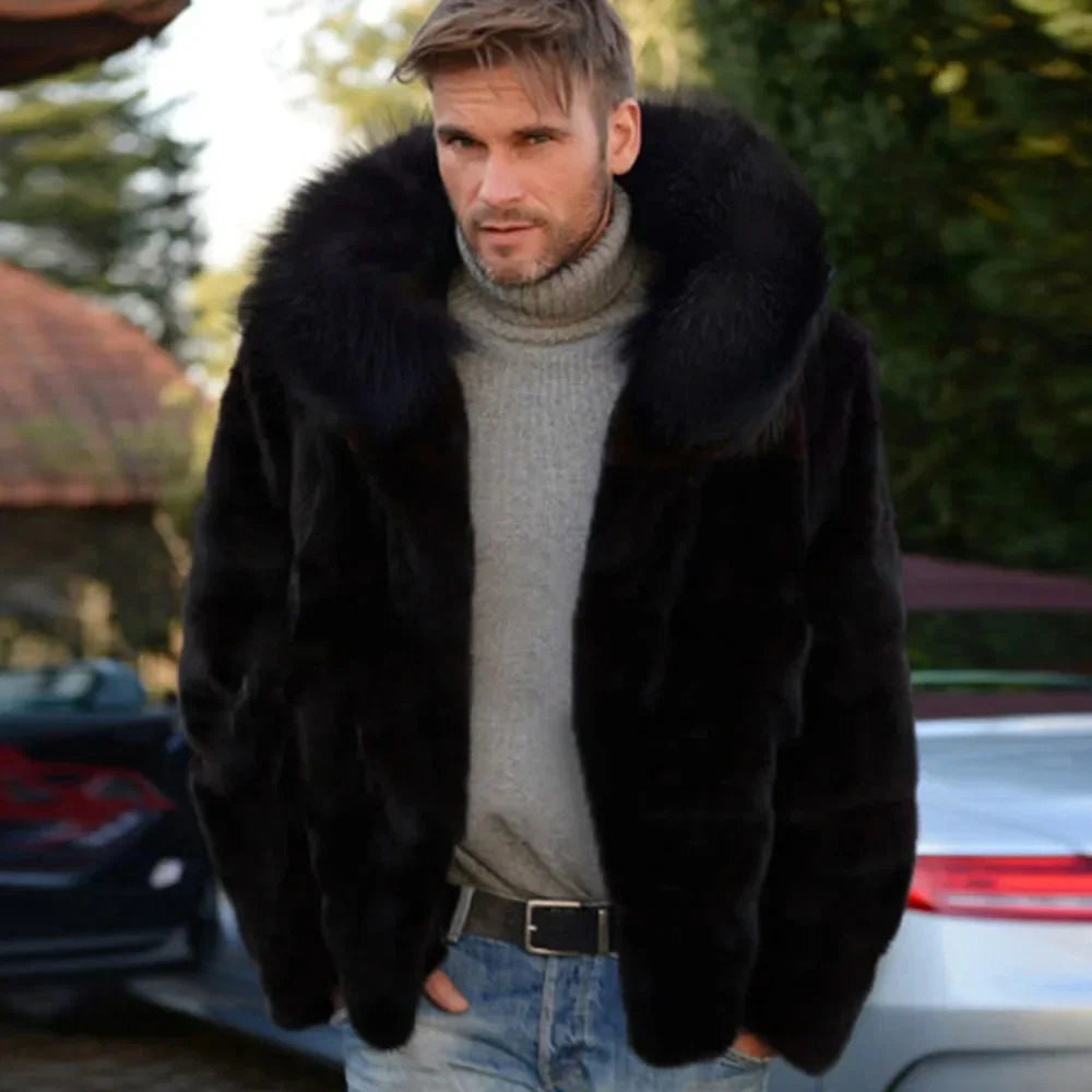 Mens Faux Fox Fur Coat Autumn Winter Men Fashion Long Sleeve Warm Hooded Faux Fur Black Casual Men Jackets Cardigan Coat 241011