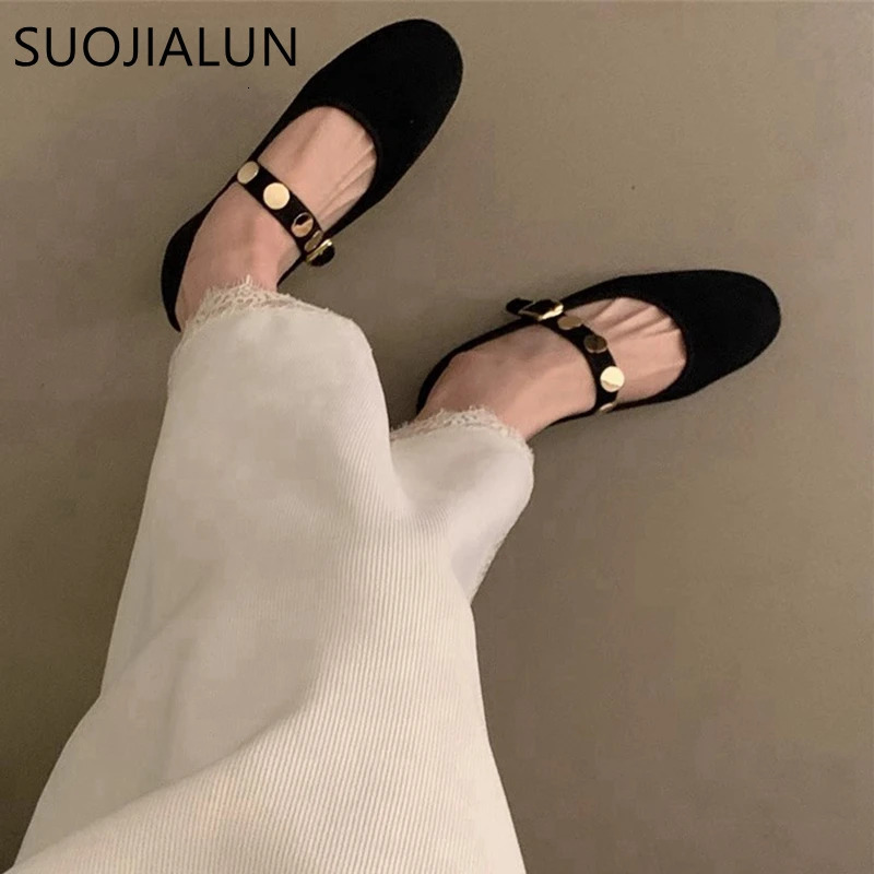 SUOJIALUN Autumn Women Round Toe Mary Jane Shoes Fashion Rivet Ladies Elegant Dress Flat Shoes Soft Flat Heel Ballerinas Sh 241014