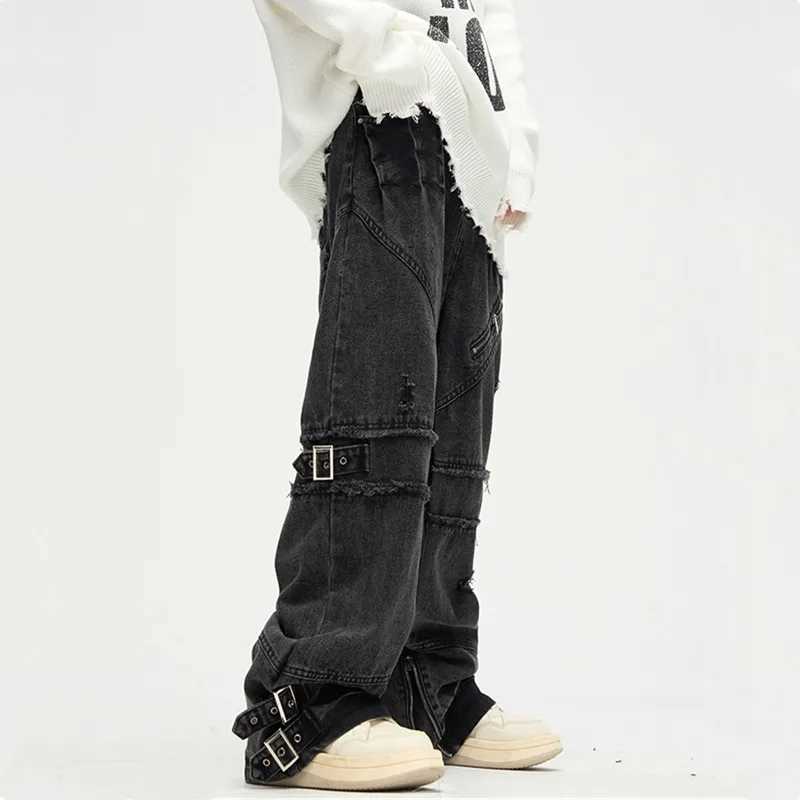 2023 And Y2K Streetwear Black Baggy Ripped Stacked Jeans Cargo Pants For Men Clothing Straight Denim Trousers Mens Pants X250220