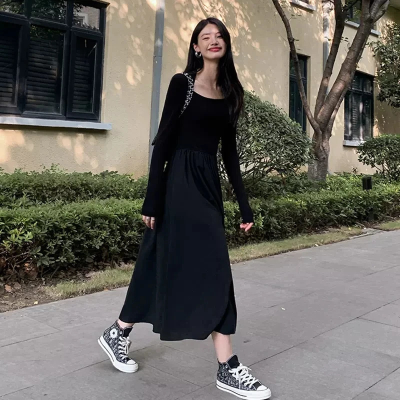 Vintage Square Collar Maxi Wedding Dresses for Women Clothing Party Office Lady Casual Black Pockets Bodycon Midi Dress Autumn 241007