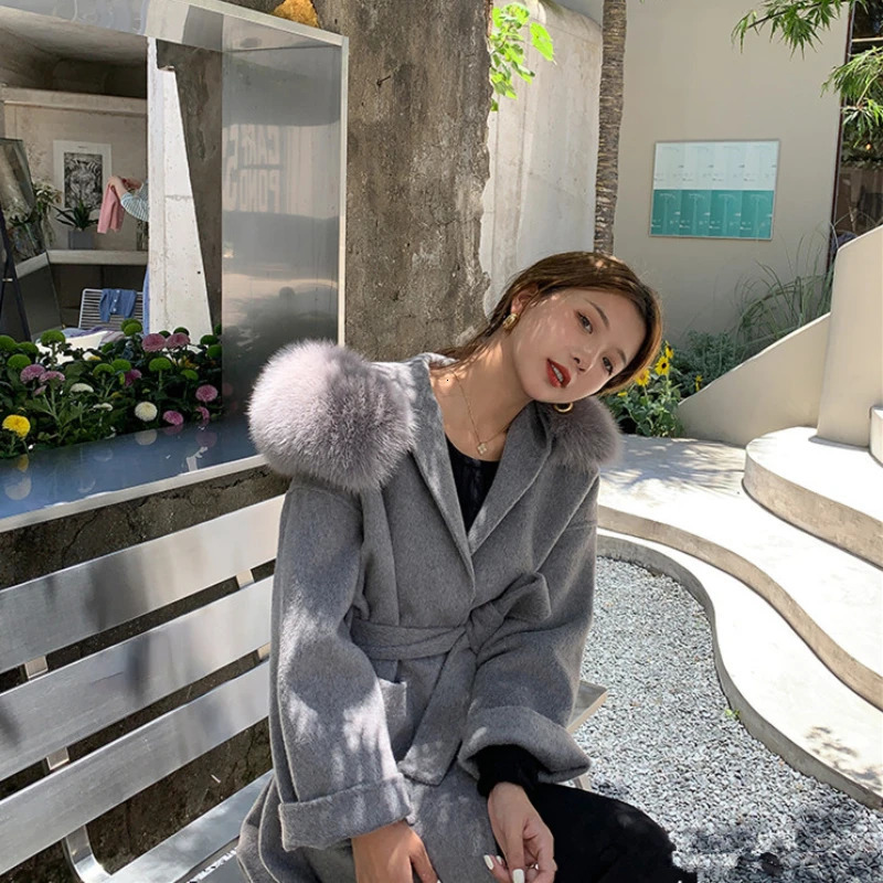 Loose Autumn Winter Fox Fur Collar Hooded Wool Cashmere Coat Womens Medium to Long Wool Jacket Coat Womens Coat 241007