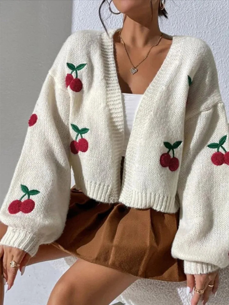 Knitted Short Womens Sweater Cardigan Cute Embroidered Cherry Sweaters Long Sleeve Vneck Women Cardigans Soft Casual Tops 241009