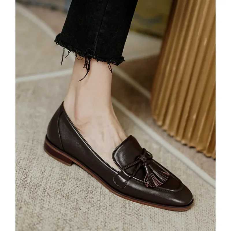 British Style Square Head Womens Loafers Shoes 2024 Summer New Style Tassel Comfortable Single Shoes Women Brown ShoesLX241014