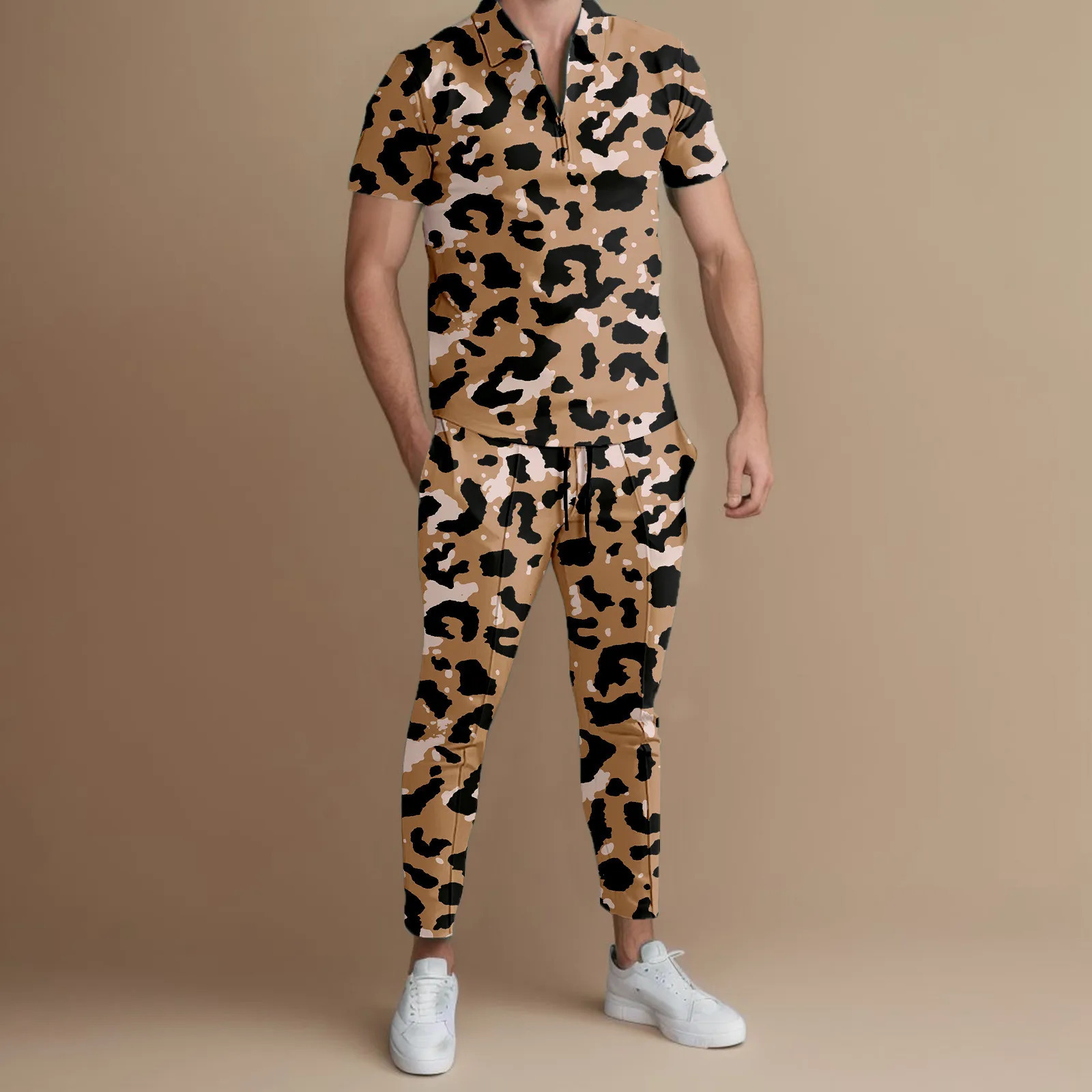 Mens T-shirt set leopard print polo shirt long sleeved two-piece lapel fashionable casual half zipper casual sportswear Chemise 240930