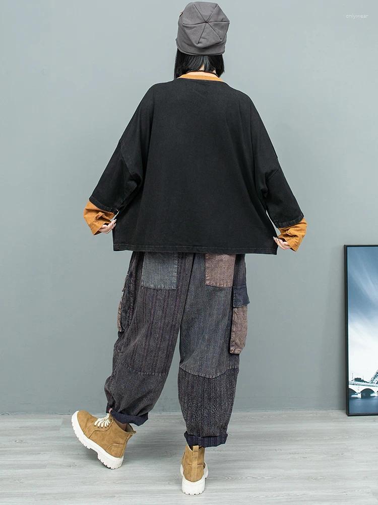 Womens Two Piece Pants LYUZHE 2024 Autumn Patch Designs Women Matching Sets O-neck Long Sleeve T-shirt And Casual Old Cloth Suit ZXY429BF1