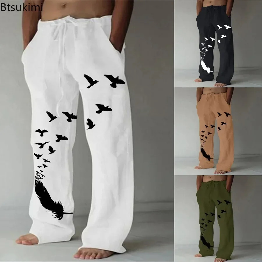 2024 Mens Casual Pants Pocket n Linen Drawstring Loose Trouser Plus Size Fashion Birds Feather Print Sweatpants 240930
