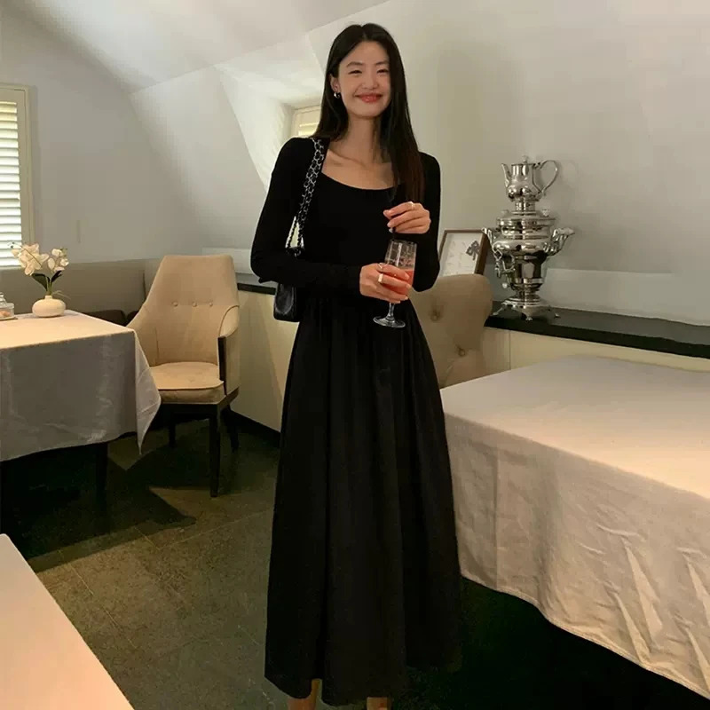 Vintage Square Collar Maxi Wedding Dresses for Women Clothing Party Office Lady Casual Black Pockets Bodycon Midi Dress Autumn 241007