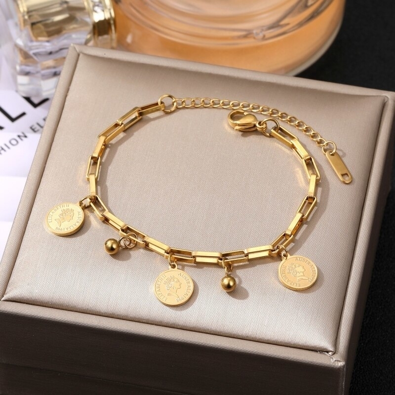 1pcs Goldcolor Bracelet Ladies Hip Hop Style Stainless Steel Round Sign Portrait Pendant Wide Cross Chain Jewelry y240919