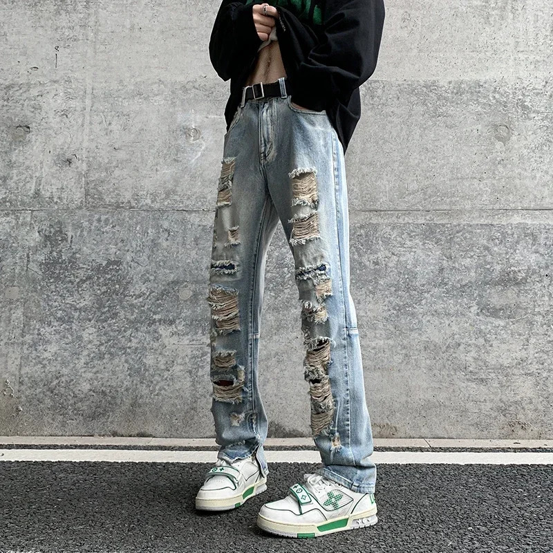 Men Summer Big Ripped Tassel Fashion Jeans Male Breathable Streetwear Baggy Hip Hop Distressed Denim Pants Y2k Goth Trouser 241011