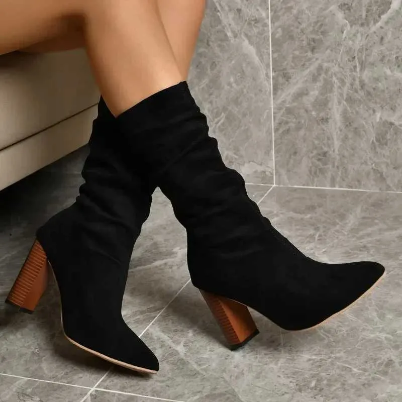 2023 New Winter Mid-Calf Fashionable Folding Thick Heel Pointed Toe Western Sexy Slip-On Womens Boots H240709