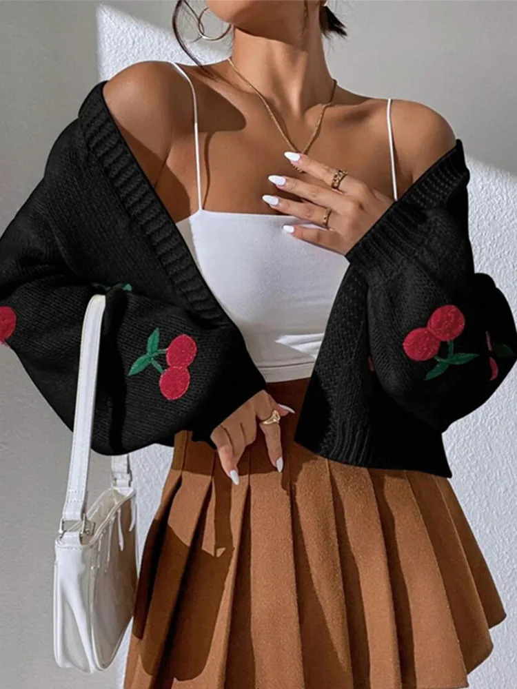 Knitted Short Womens Sweater Cardigan Cute Embroidered Cherry Sweaters Long Sleeve Vneck Women Cardigans Soft Casual Tops 241009