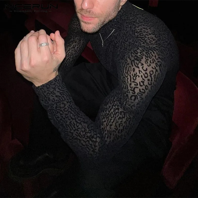 INCERUN Men T Shirt Leopard Print Turtleneck Mesh Sexy Long Sleeve See Through Camisetas Streetwear Fashion Men Clothing 241011