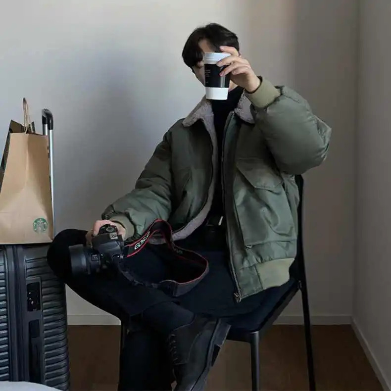 Winter thickened lapel cotton coat for men Korean style trendy Hong Kong style velvet cotton coat pilot jacket loose cotton 241011