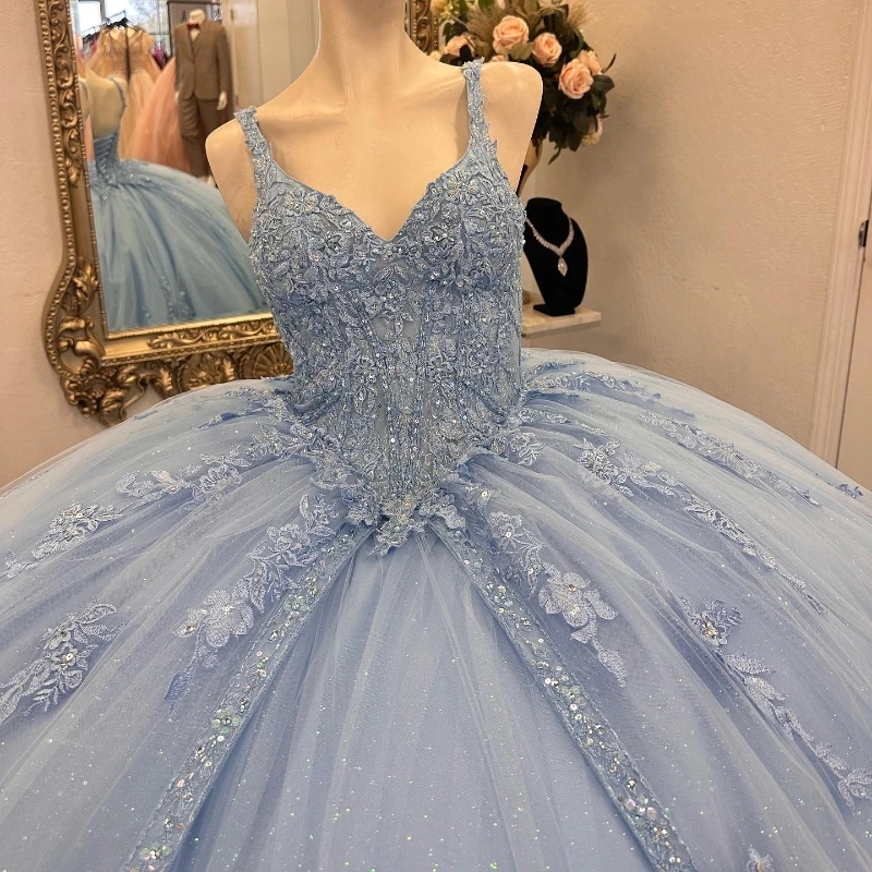 Sky Blue Ball Gown Quinceanera Dresses Appliques Lace Beads Tull Birthday Party Mexican Vestidos De 15 anos Sweet 16 Dress