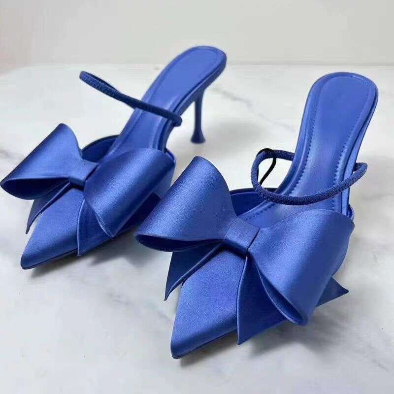 TRAF French Blue Bow High Heels For Woman Retro Point Head Stilettos Sgbac Women Satin Fabric Thin Heeled Sandals Shoes