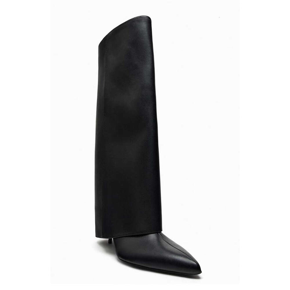Autumn Winter Black Leather Knee High Ins Funky Slip On Trouser Boots Pointed Toe Kitten Heels Stretch Shoes Women