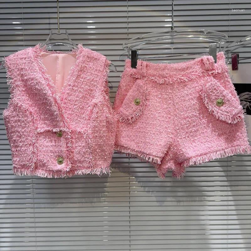 Women's Tracksuits PREPOMP 2024 Summer Collection Sleeveless Metal Buttons V Neck Tweed Vest Tank Top Shorts Two Piece Set Outfits Gr679