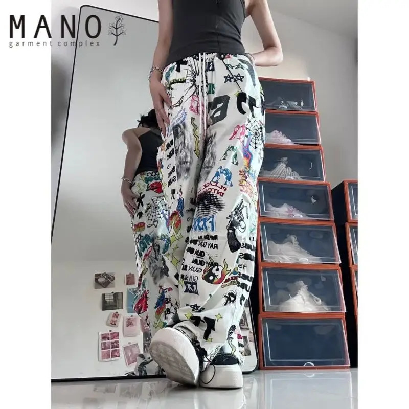 Hip hop retro graffiti wide legs for men and women loose trend casual painting Korean students trend 241007