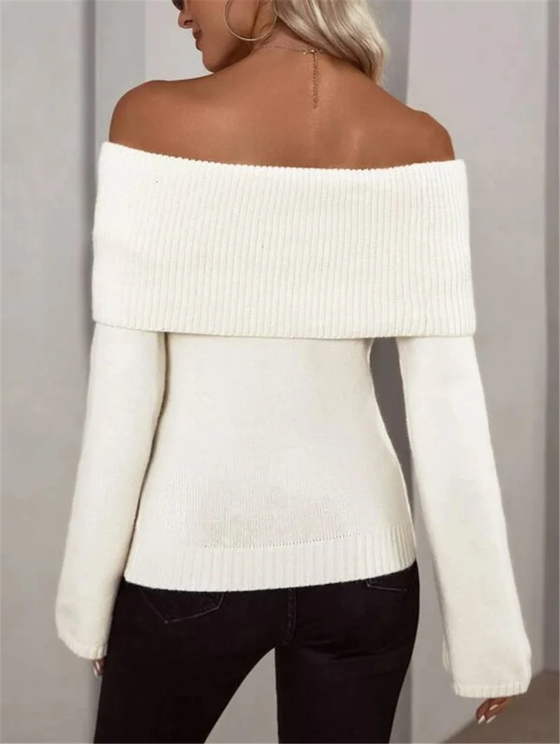 2024 Womens AutumnWinter Sweater One Line Neck Slim Fit Fashion Sexy Knitted Long Sleeves Casual Elegant Solid Color 241011
