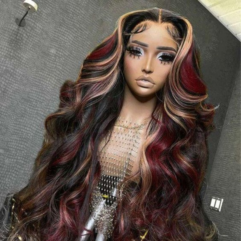 Free shipping Ready Go 13X4 Blonde Highlight Colored Body Wave Human Hair Wigs Red Pre Plucked ella Festival Brazilian Transparent Lace Frontal Wig Pr