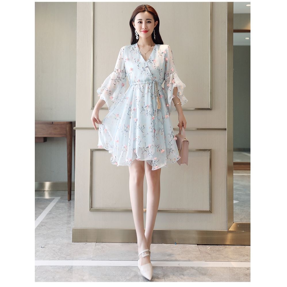 Women V-Neck Floral Printed Chiffon Dresses Summer Short Sleeve Flare Lace Up Mini Dress With Lining Mujer Vestidos 210514