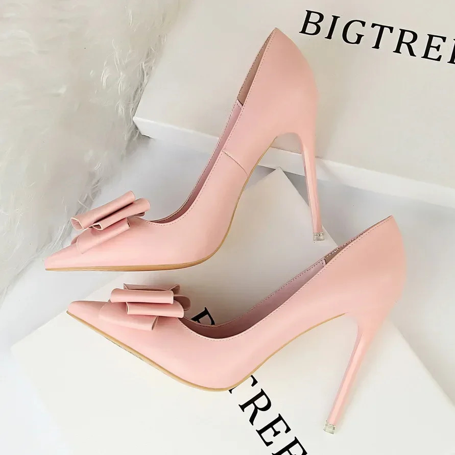 2025 new Women Fetish 10.5cm High Blue Pink Pumps Butterfly Knot Leather Stiletto Heels Lady Escarpins Wedding Evening Party Shoes 241014